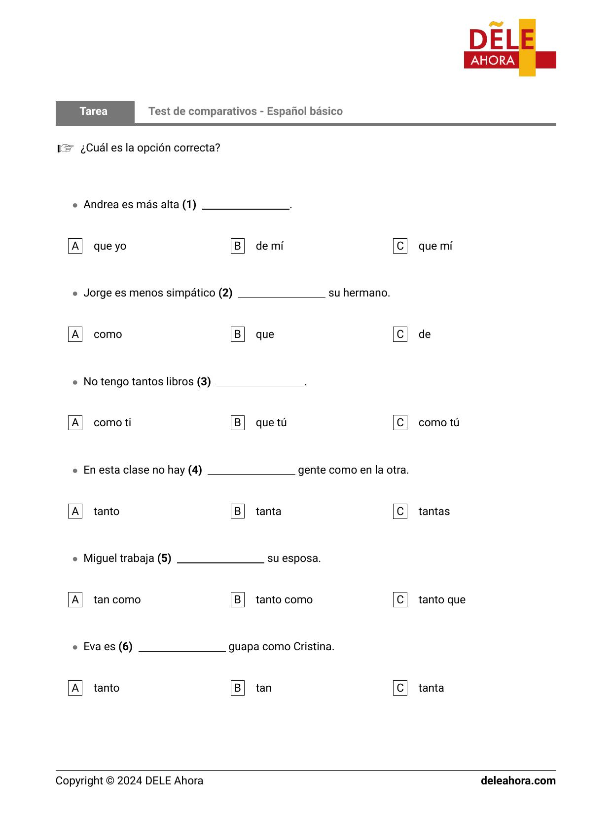 Test de comparativos Español básico Gramática