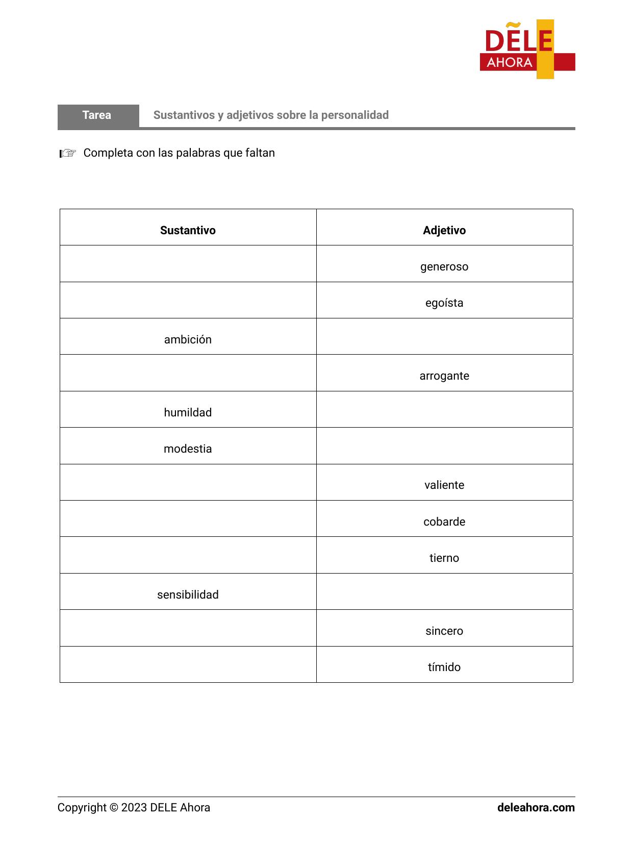 Sustantivos Y Adjetivos Sobre La Personalidad Vocabulario