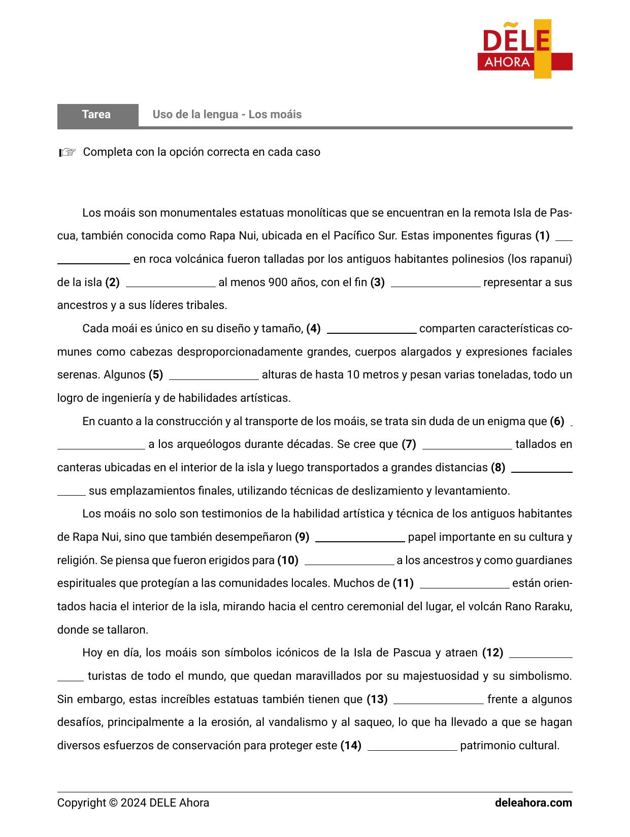 Uso de la lengua Los moáis Comprensión de lectura