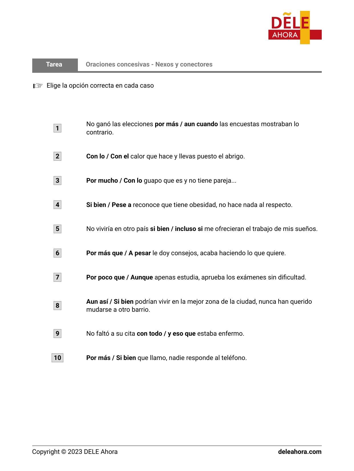 Oraciones concesivas Nexos y conectores Gramática
