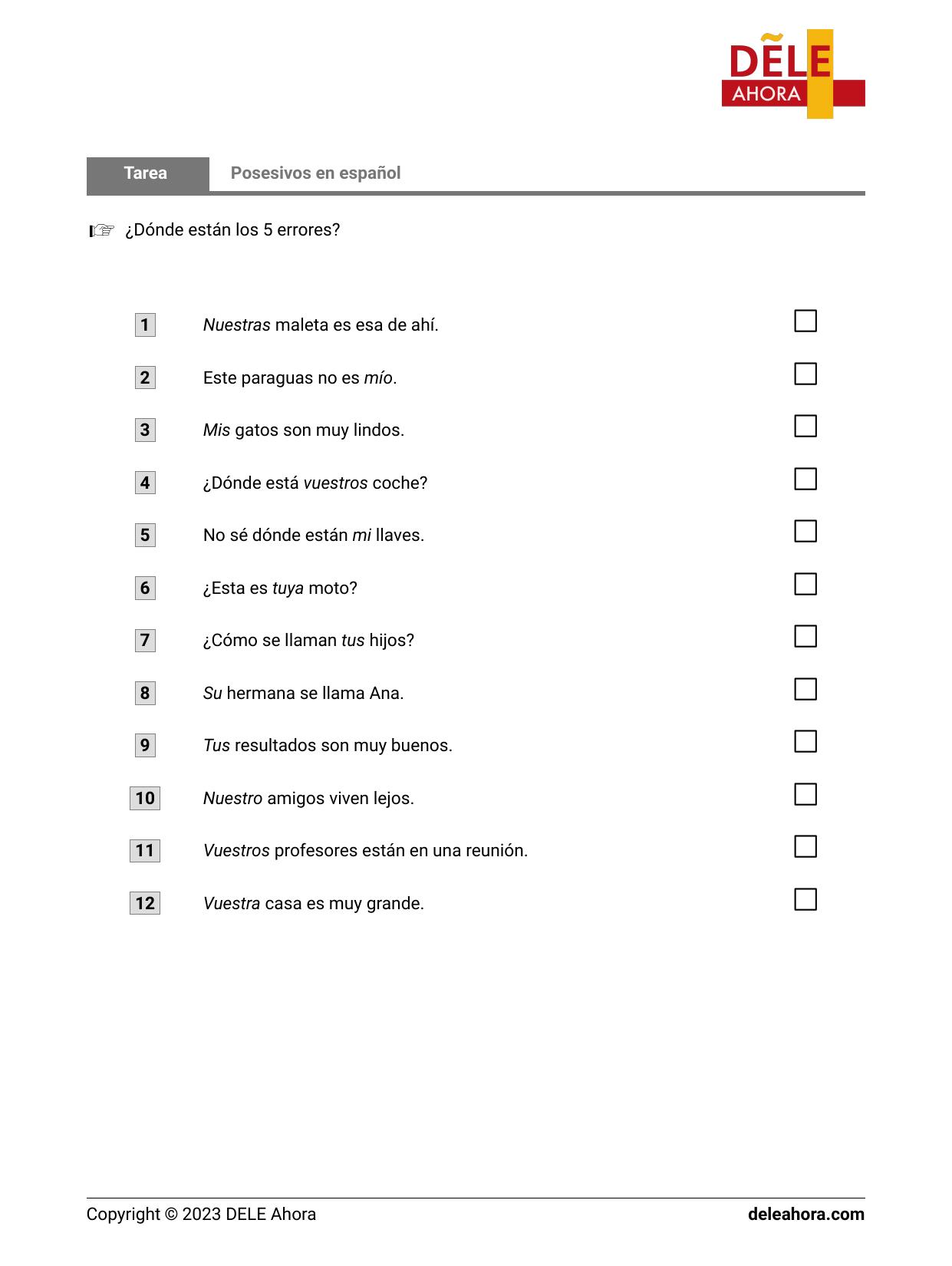 Posesivos Comprensin Lector Espaol Ele Hojas De Trabajo Pdf Doc