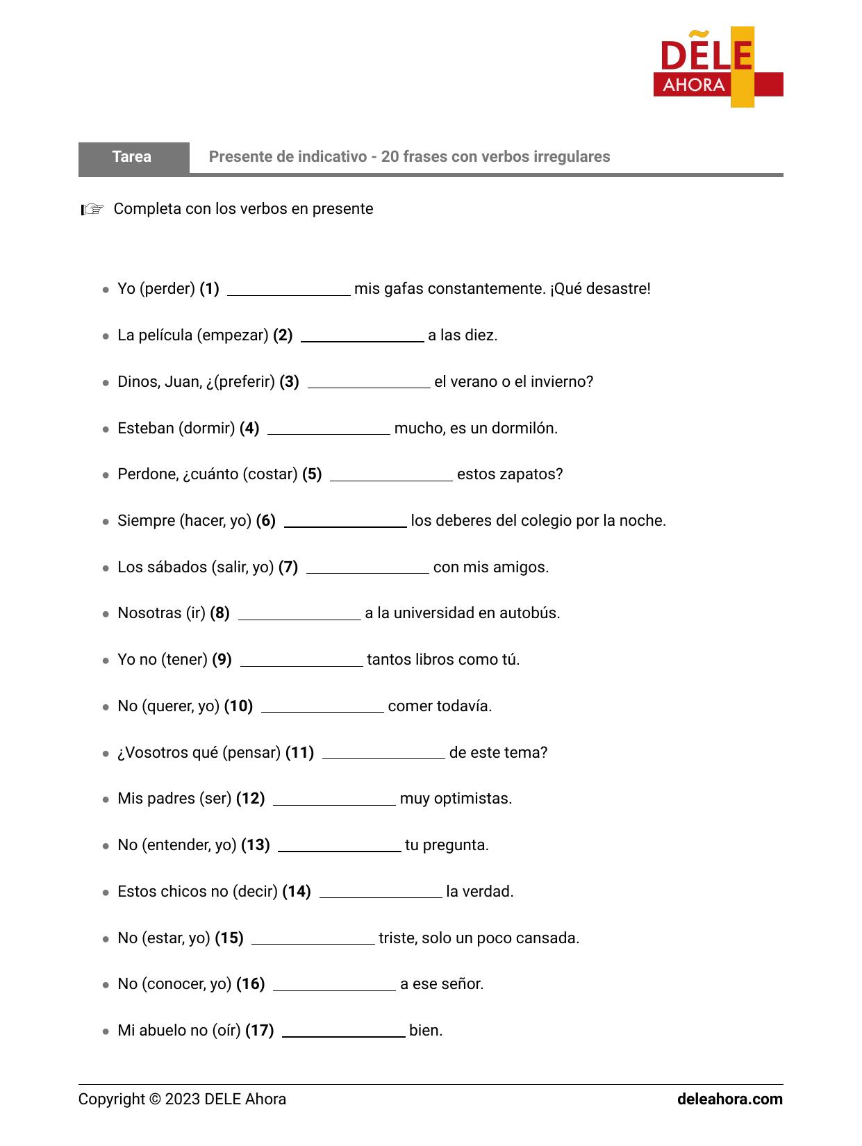 Presente De Indicativo - 20 Frases Con Verbos Irregu... | Gramática