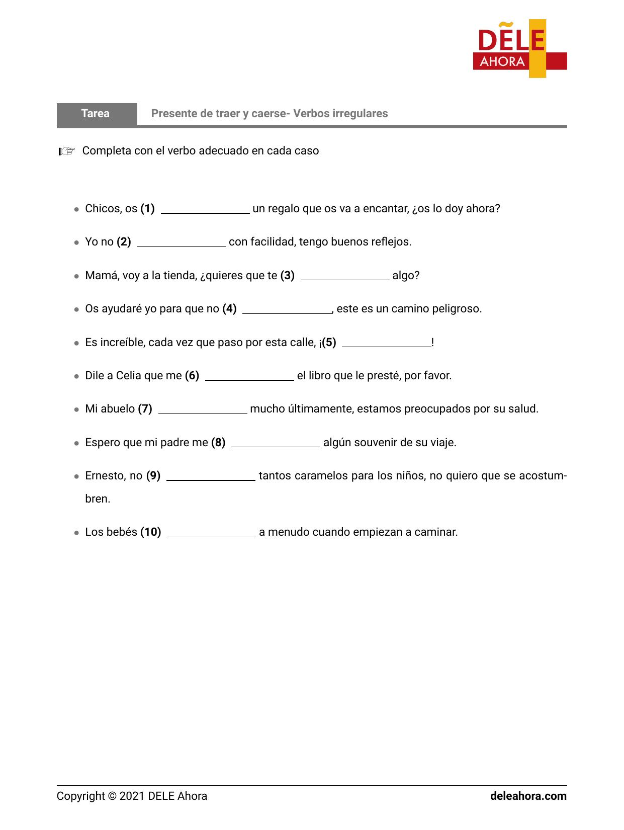 Presente de traer y caerse Verbos irregulares Gramática