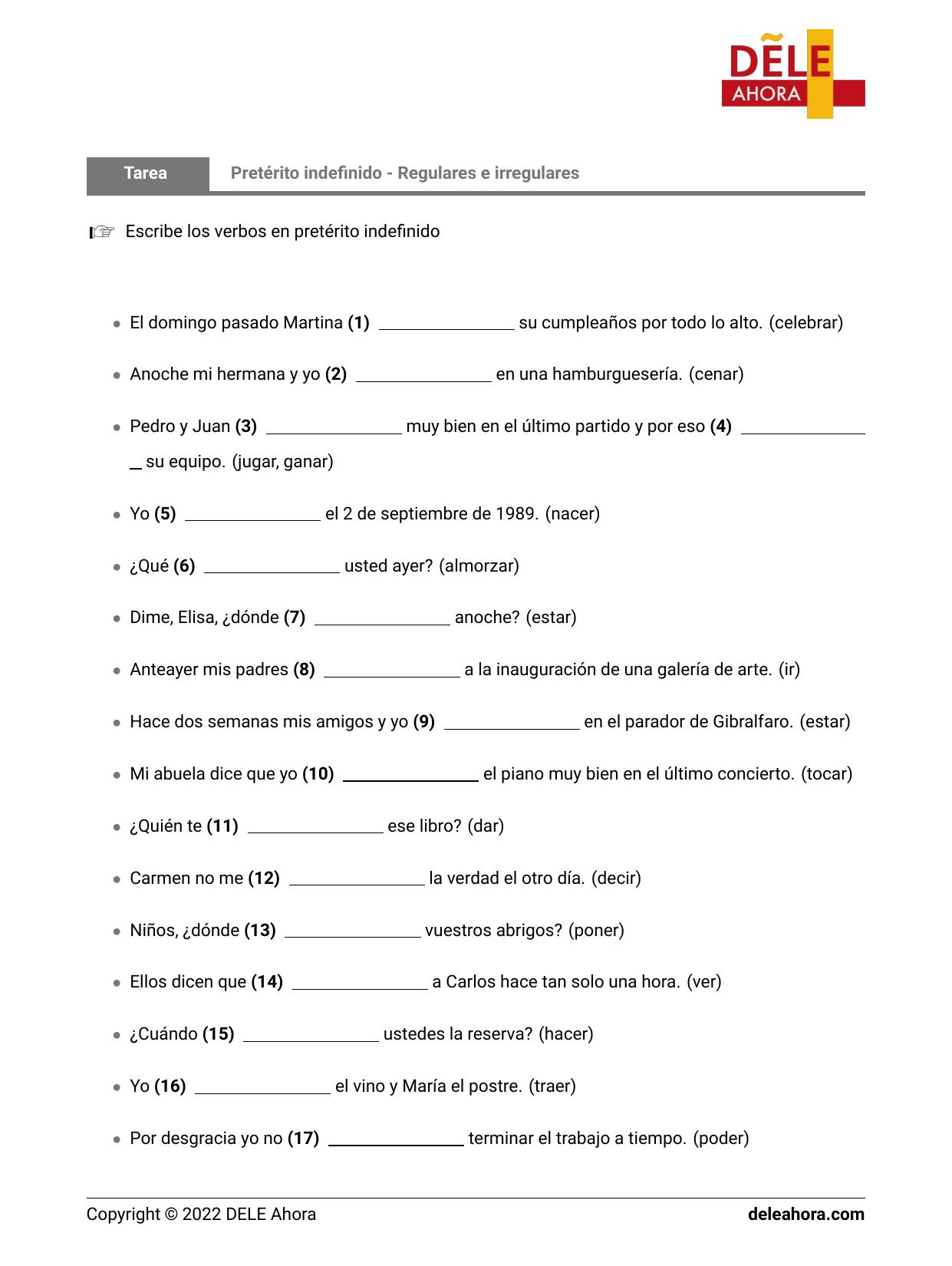 Llena los huecos del texto con los verbos correspondientes conjugados en  pretérito indefinido. En cuanto 