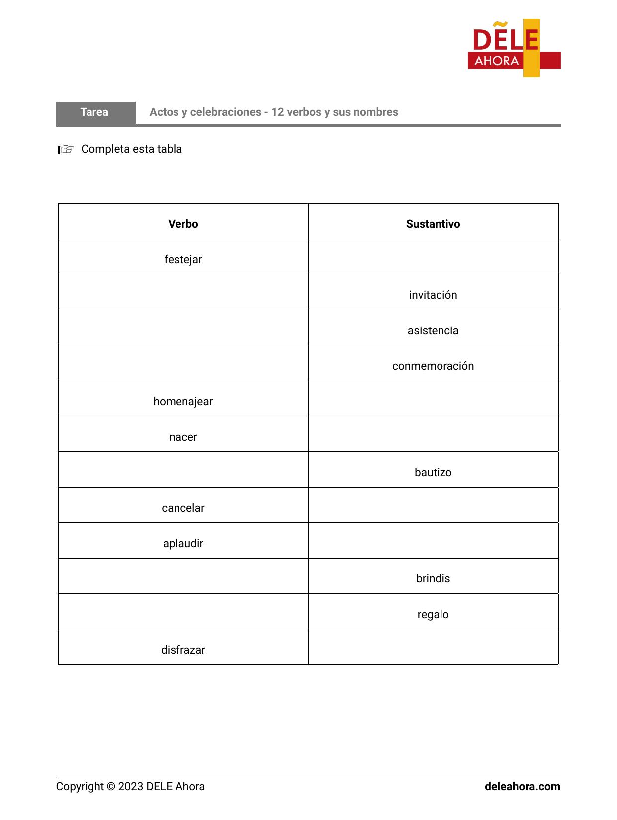 Actos y celebraciones - 12 verbos y sus nombres | Vocabulario
