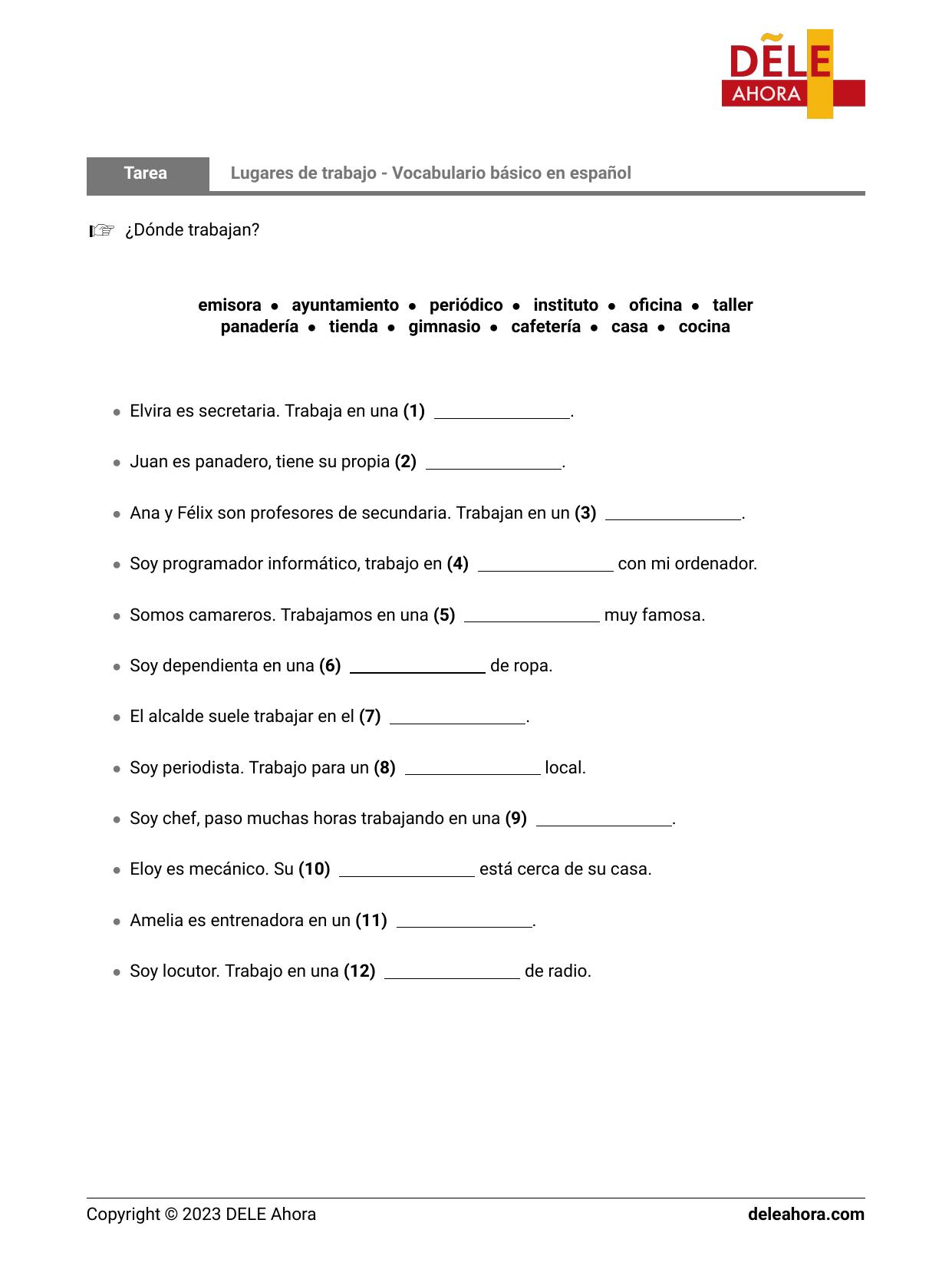 Lugares De Trabajo - Vocabulario Básico En Español | Vocabulario