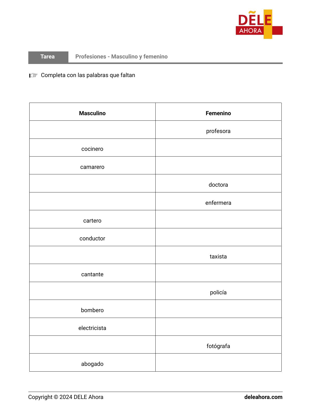 Profesiones Masculino Y Femenino Vocabulario