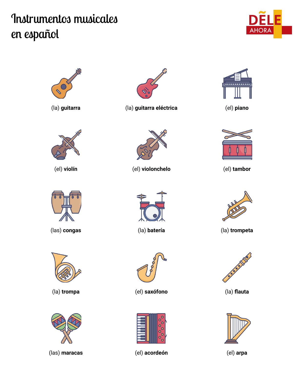 Desear pase a ver lección Instrumentos musicales en español | Vocabulario